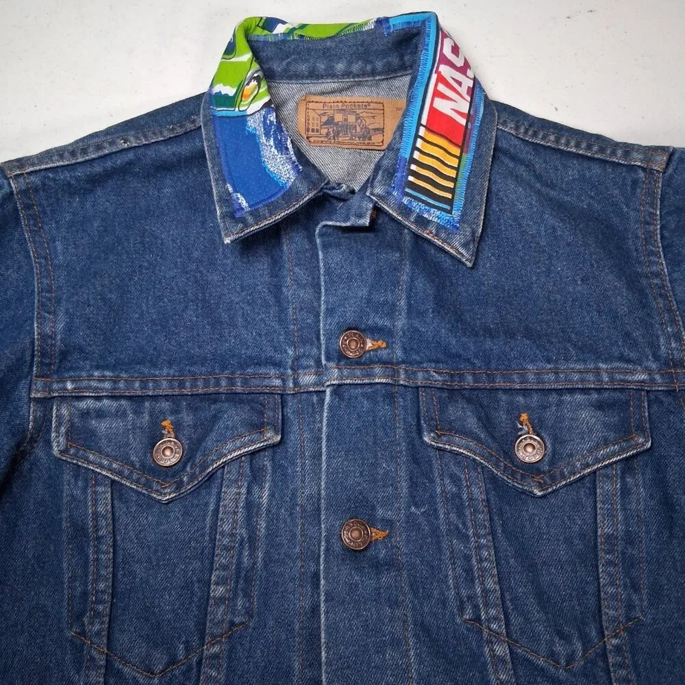 Reworked NASCAR Jean Jacket Size 40 Race Car Auto Racing Upcycled Denim - Picture 9 of 16